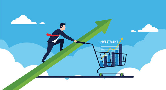 Ambitious businessman pushing a shopping cart filled with financial charts up a green rising arrow towards investment success.