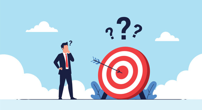 Confused businessman in a formal suit looks at a red and white target after his arrow failed to hit the center.