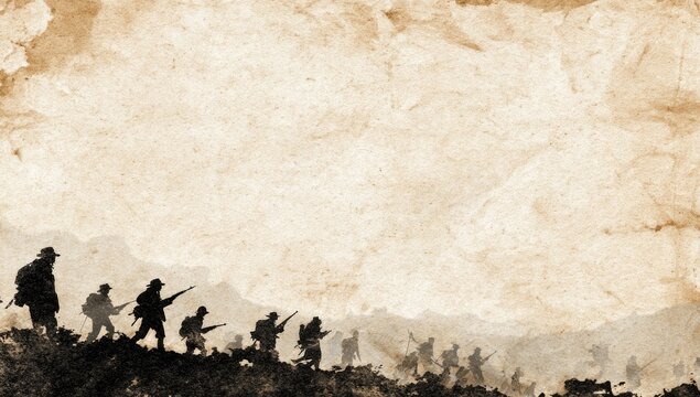 Silhouette of soldiers marching forward through a desolate, historical landscape