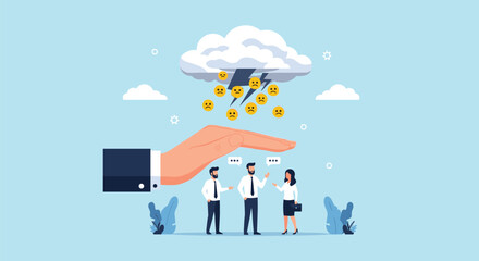 Fototapeta premium Giant protective hand shields a team of business people from a falling storm of sad yellow emoji faces and rain.