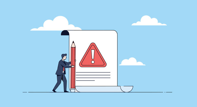 Concerned businessman uses a large pencil to write on a contract featuring a red exclamation mark warning symbol.
