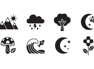Fototapeta premium Black and white nature icons set.