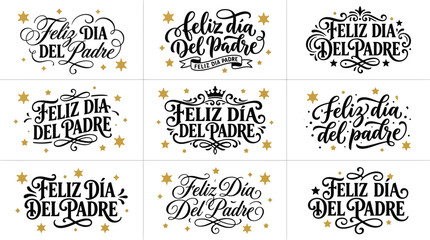 Feliz Dia del Padre lettering set, 9 elegant Spanish Father's Day typography designs, black and gold calligraphy labels for greeting cards © Muhammad