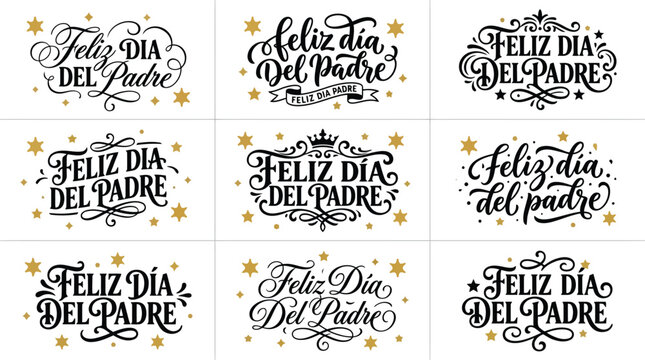 Feliz Dia del Padre lettering set, 9 elegant Spanish Father's Day typography designs, black and gold calligraphy labels for greeting cards