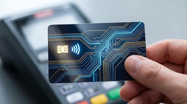 Hand holding contactless credit card near payment terminal.