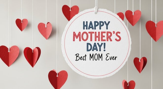 Happy mother's day greeting card with red hearts