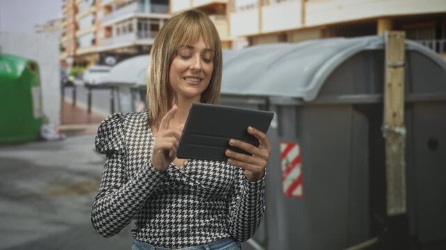 Woman holding tablet, finger tapping screen on street beside large grey dumpsters and apartment building, wearing houndstooth top and jeans; calm focus.
