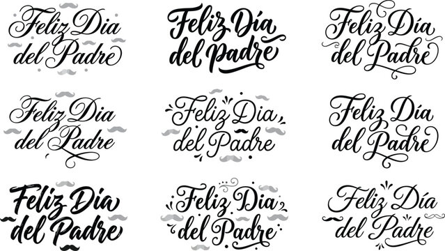 Feliz Dia del Padre calligraphy set, 9 elegant Spanish Father's Day lettering designs, black hand drawn script vector for greeting cards
