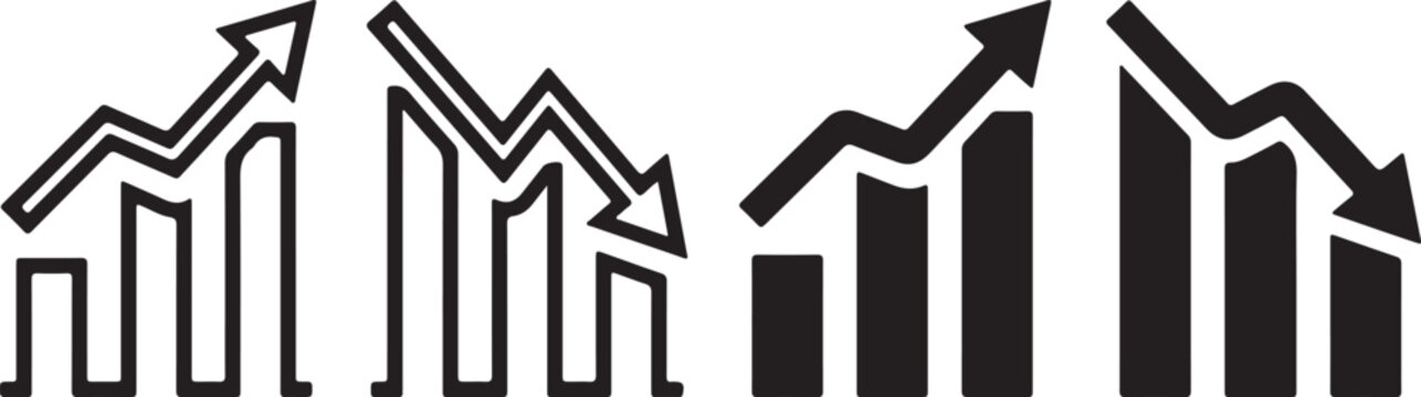 Business growth and decline bar charts, financial market trend icons with arrows, set of 4 black and white vector data visualizations for analytics