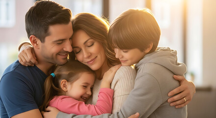 Obraz premium Happy family of four embracing warmly with a loving hug, bathed in golden sunlight.
