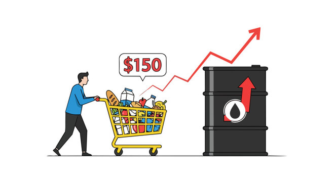 A cartoon man pushing a shopping cart filled with groceries next to a large oil barrel with a rising price graph and a $150 label, conveying a sense of energy crisis and oil price surge in a flat 2D