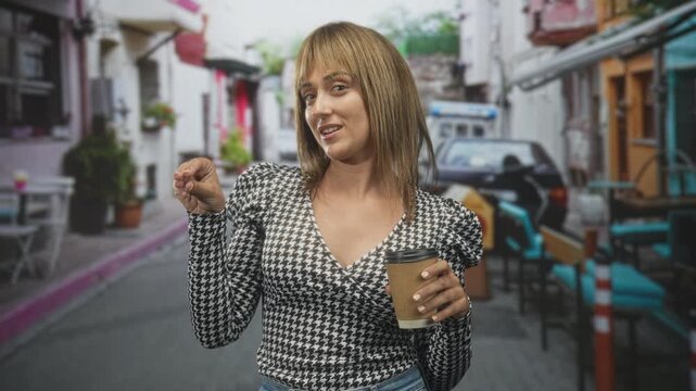 Woman holding a paper coffee cup with lid and waving hand on a narrow street cafe, wearing houndstooth blouse and jeans; casual confidence.