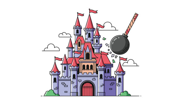 Large wrecking ball smashing into a colorful fairytale castle with red flags to symbolize destruction, renovation, or drastic change.