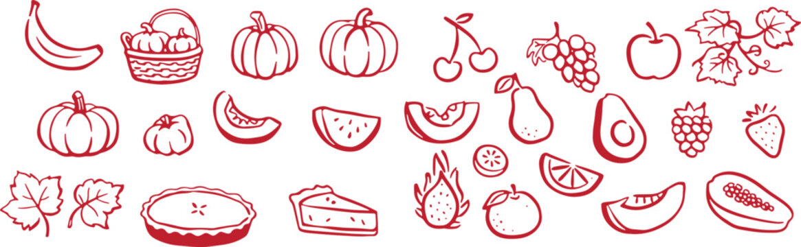 A collection of various fruit and food items illustrated in red