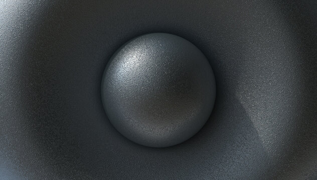 Abstract 3D illustration of a polished metal sphere embedded in a dark, textured metallic surface. Concept of modern industrial design, minimalism, and high-tech material.