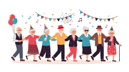Obraz premium Group of happy senior citizens wearing party hats and colorful clothes dance together in a line at a festive retirement celebration.