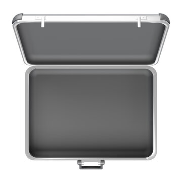 Aluminum briefcase metal container in a polished silver finish. This secure, open storage case is centered in a high-angle front view on a transparent background for professional product mockups.
