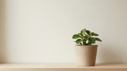 Fototapeta premium Minimalist still life of a single fresh green leaf branch in a small terracotta pot with shadow on textured background