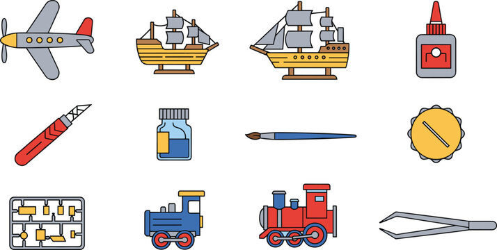 Model Building Hobby Tools and Miniature Set with Airplane Ships Glue Paint Brush Cutter Train and Craft Supplies Vector Illustration