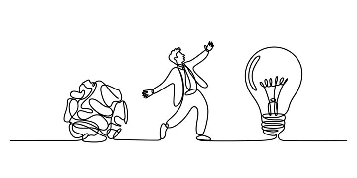 Businessman transforming a tangled mess into a bright idea in a continuous line drawing.