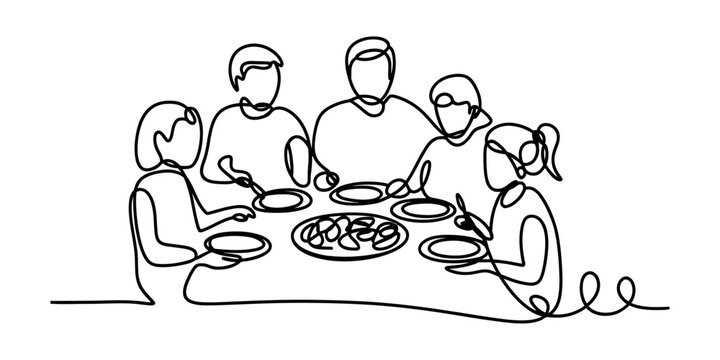 Continuous line drawing of a happy family sitting together at a dinner table for a meal.