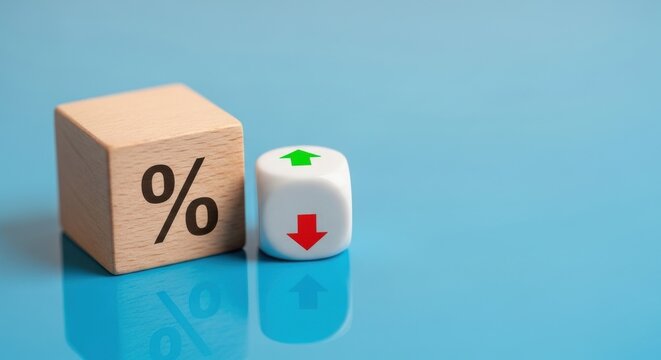 Interest rate percentage symbol on wooden block, financial dice with up and down arrows, mortgage and inflation concept on blue background