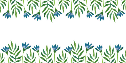 Obraz premium Seamless border with watercolor illustrations of summer green plants and blue wildflowers. Hand drawn botanical design for invitations or greeting cards.