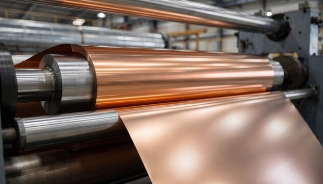 Medium shot of cold rolling process on thin copper foil showcasing highspeed rollers smoothing delicate material for ultrathin uniform sheets in industrial manufacturing.