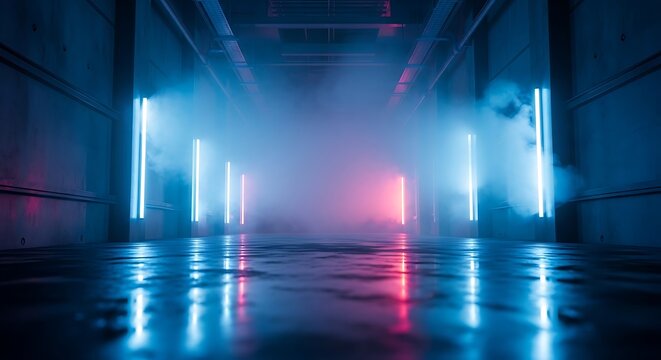 A stark, futuristic corridor bathed in cool blue and warm pink, enveloped in fog and neon lights