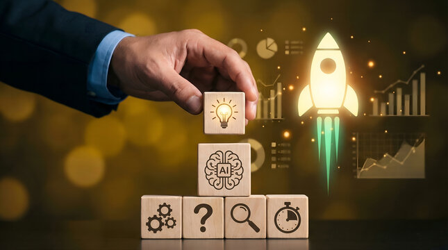 Strategic thinking, AI integration, and problem-solving concept for business innovation and growth, visualizing the journey from initial ideas to a successful startup launch