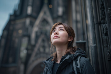 Obraz premium Contemplative Young Woman Looking Up at Grand Gothic Architecture, Cinematic Low-Angle Portrait