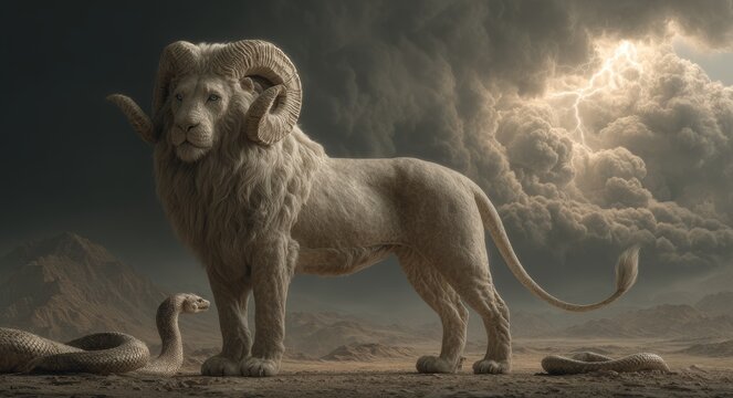 A mythic chimera bearing a ram's head and a serpentine tail roars from a jagged peak amid stormy weather