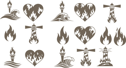 Fototapeta premium Flame icons, heart symbols, lighthouse logos, wave graphics, 16 brown vector elements
