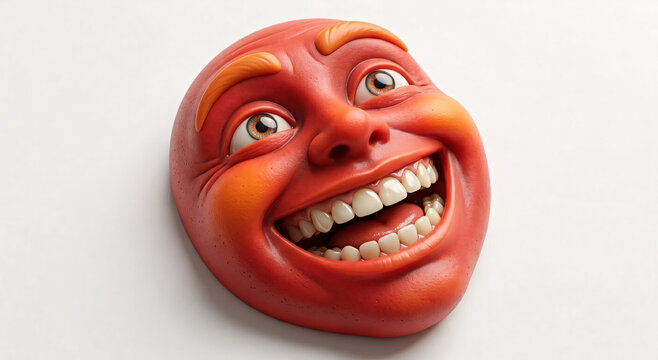 Red plastic laughing mask with exaggerated facial expressions and wide open mouth showing white teeth over clean white background