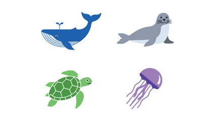 A colorful quartet of marine life: whale, seal, turtle, and jellyfish. © Shahin Studio