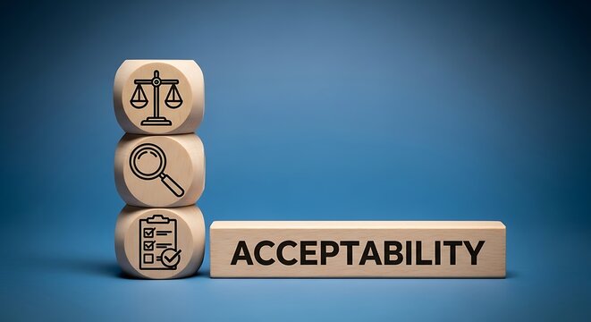 Acceptability business concept with wooden blocks, legal scales and checklist icons on blue background, compliance and quality standards