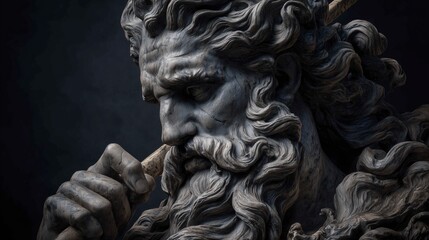 Obraz premium ancient greek god stone statue holding lightning bolt dramatic dark background