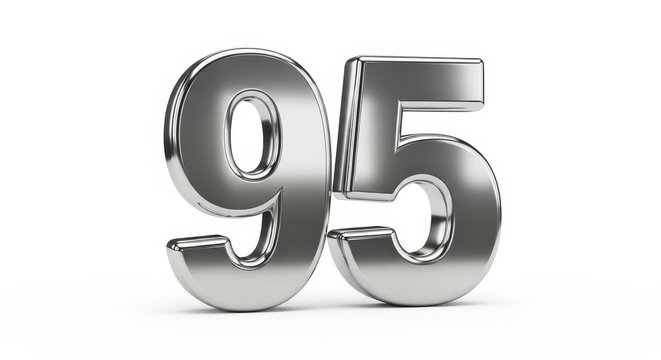 Shiny metallic number ninety-five on white background with reflection 3d render close up detail view