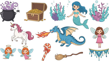 Fantasy Magical Elements Set with Mermaid, Dragon, Unicorn, Fairies, Treasure Chest, Cauldron, Candy, Coral, and Witch Broom Vector Illustration © MstBobita