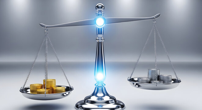 Glowing balance scale with gold and silver coins, symbolizing financial equilibrium