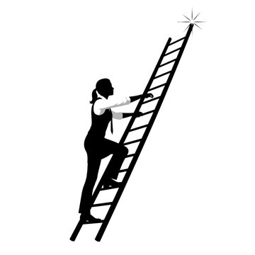 Businesswoman climbing high success ladder.