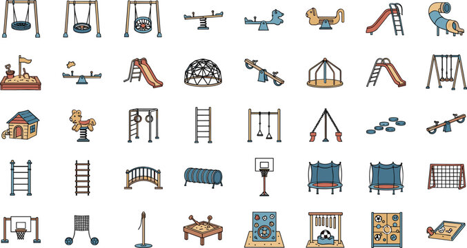 Colorful illustrations of various playground equipment and toys for kids