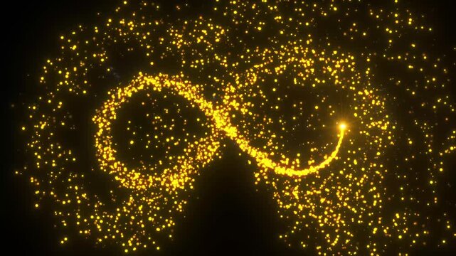 Abstract infinity with golden particles animation isolated on black background