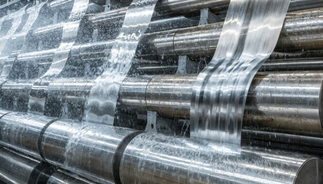 Medium shot of autooptimized roll pass system in action demonstrating machine learning algorithms automatically adjusting groove sequences for maximum yield in metal processing.