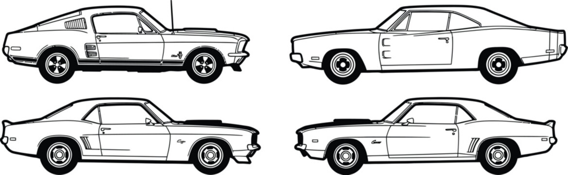 Collection of four classic American muscle car outlines including the Mustang Charger and Camaro in detailed side profile views
