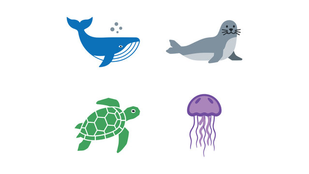 Four marine animals illustrated in a simple and colorful style