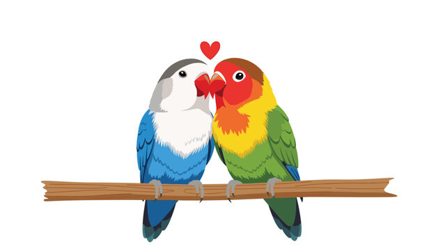 Pair of colorful lovebirds perch together on a wooden branch with a small red heart between them symbolizing love and partnership in a vector.
