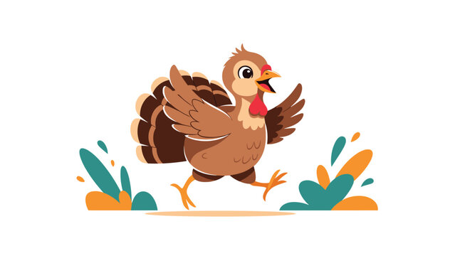 Cheerful brown turkey runs happily across the ground with its wings spread and tail feathers fanned out in a fun thanksgiving holiday illustration.