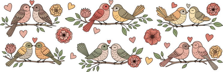 Fototapeta premium Cartoon Love Birds Set with Heart Shapes, Flowers, and Romantic Poses for Valentine's Day, Romance, and Nature Designs