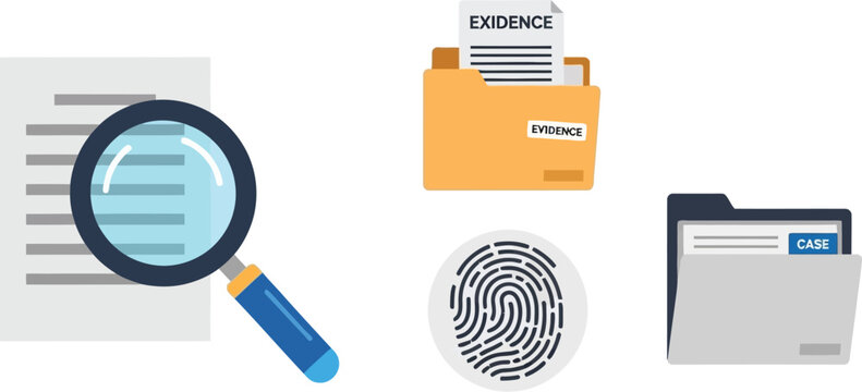 Various elements related to forensic investigation, including a magnifying glass over text, evidence folders, and a fingerprint, symbolize the process of detailed analysis.